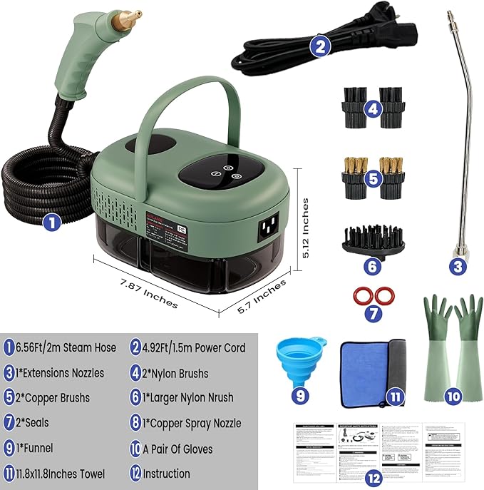 2500W Handheld Steam Cleaner,Portable Car Steamer For Auto Detailing,High-Temperature and Pressure Steam Cleaner For Home, Steam Cleaning Machine for Furniture,Kitchen,Grout,Floor,Tile (7-Green)