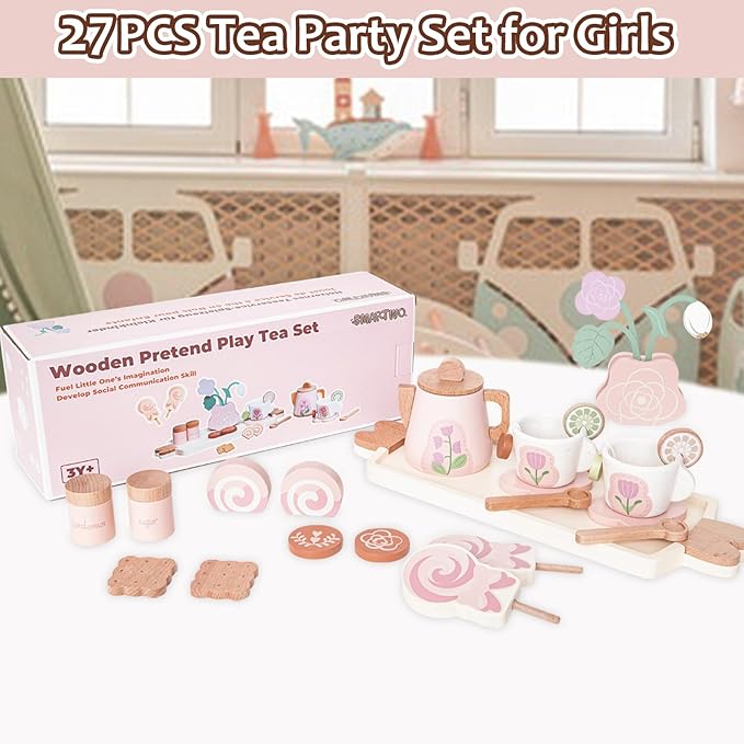 Wooden Tea Set for Little Girls, Pretend Play Tea Party Set Toy with 27 PCS Play Kitchen Accessories, Princess Tea Set Toy, Birthday Gift for Kids 2 3 4 5 Years Old, Improve Imagination