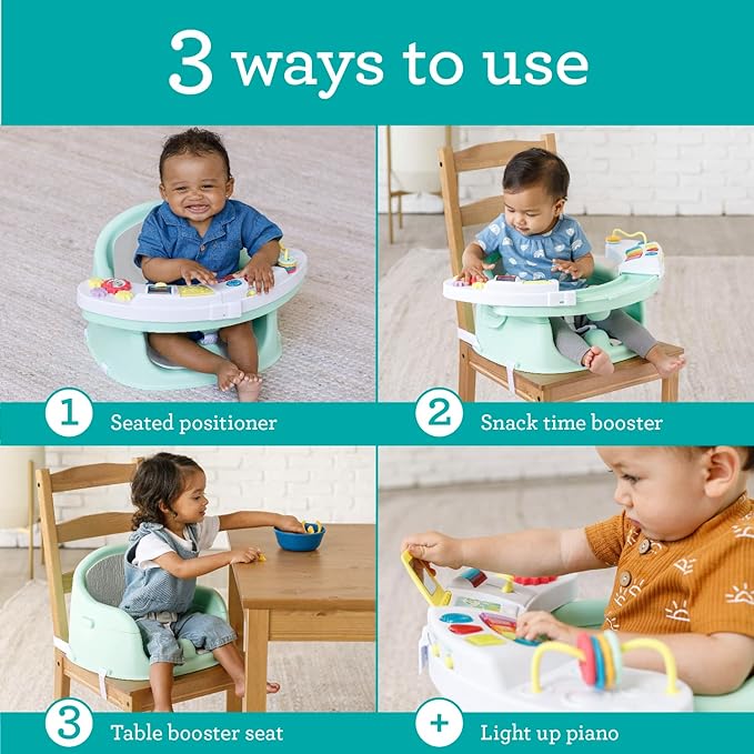 Infantino Music & Lights 3-in-1 Discovery Seat and Booster - Convertible Booster, Infant Activity Seat and Feeding Seat with Electronic Piano for Sensory Exploration, for Babies and Toddlers, Mint