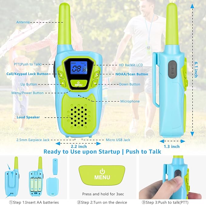 Walkie Talkies for Kids Adults Long Range Rechargeable 4 Pack Drop-resistant FRS 2 Way Radio 4 Miles with Lanyard Battery NOAA USB, Family Toy for 3-12 Year Old Boy Girl Toddler Camping Skiing