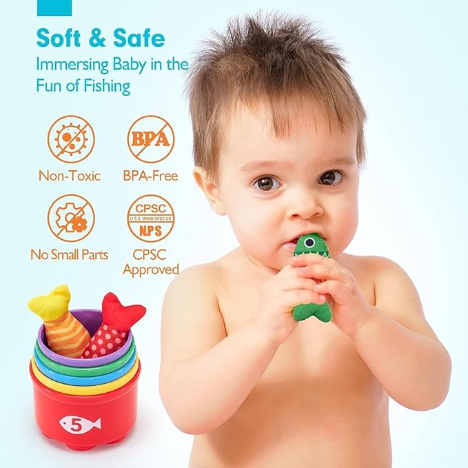 Toddler Montessori Toys Fishing Game with Stacking Cups Storage Bag Number Counting Color Sorting Shape Learning Toys Hand-Brain Coordination Sensory Ability for 1-3 Year Old Girl Boy Birthday Gifts