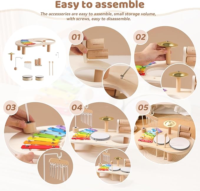 Promise Babe Wooden Musical Instruments for Toddlers 1-3, Percussion Instruments for Kids Baby Drum Set Xylophone, Montessori Educational Musical Toys, Gifts for Girls Boys Ages 3+