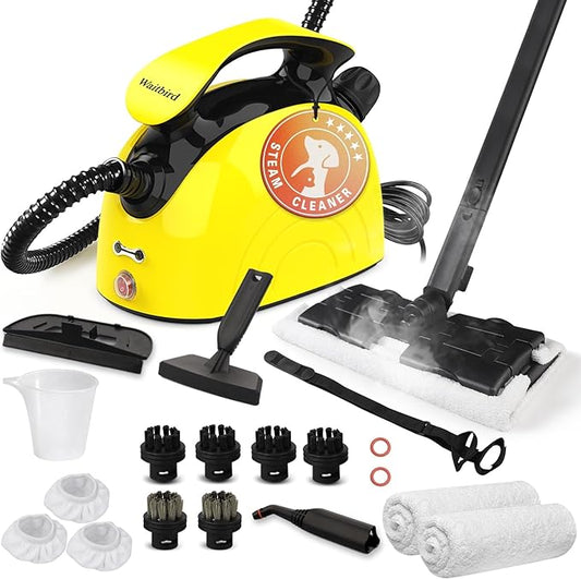 Steam Cleaner, Multipurpose Powerful Steamer with 21 Accessories, 248°F High-Temperature Steam for Floors, Grout, Tiles, Carpet, Cars - Portable 1.08L Tank, Child Lock, Chemical-Free Cleaning (Yellow)