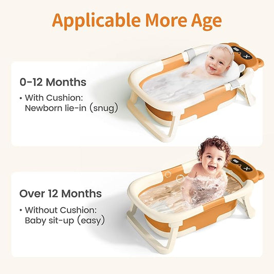 Collapsible Baby Bathtub with Soft Towel and Floating Cushion, Infant Bathtub for Newborn to Toddler (0-18 Month), Portable Baby Bath Tub for Travel (Brown Bear)