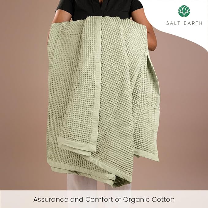 Salt Earth GOTS Certified 100% Organic Cotton Throw Blanket, 108" X 90" Waffle Blankets & Throws for Bed, Throw Blanket for Couch, Modern & Cozy Blanket, All Seasons, Comfy & Soft Blanket (Sea Foam)