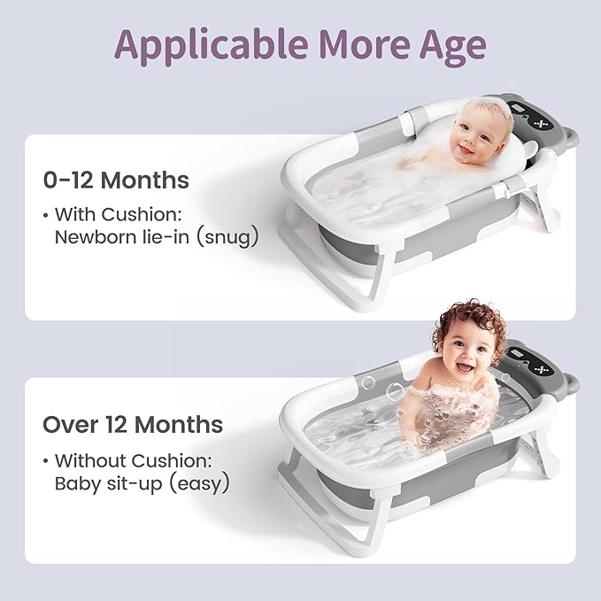 Collapsible Baby Bathtub for Newborn to Toddler (0-18 Month) - Portable Baby Bath Tub for Travel, Newborn Bathtub with Soft Towel and Floating Cushion (Gray)