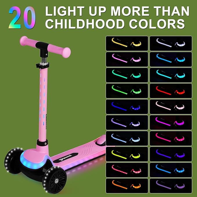 3-Wheel Light-Up Kids Scooter, 20 Different Light Patterns,Three Adjustable Heights,Lean to Steer, Balance Scooter for Ages 3-8