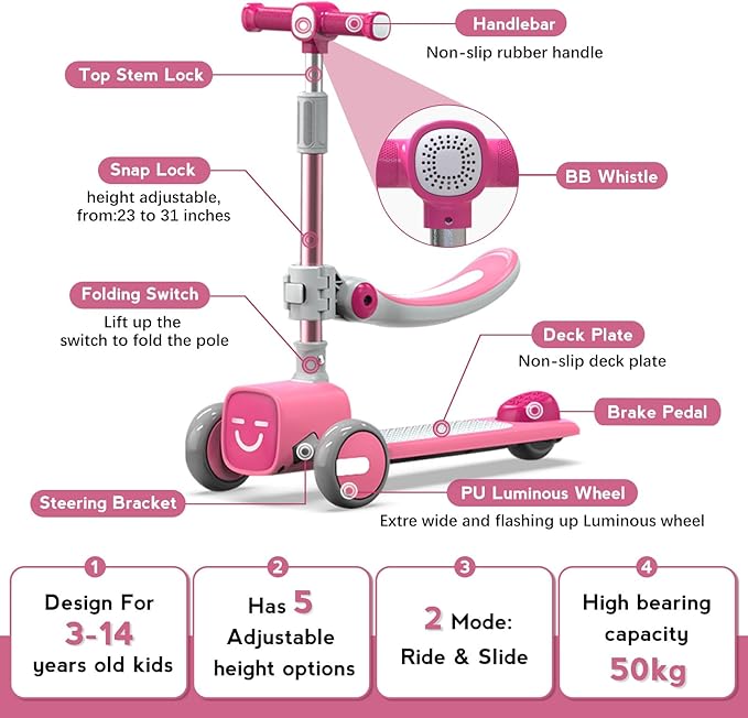 Unbreakable & Never Fall Down 2-in-1 Scooters Kids 3 Wheel Kick Scooter for Boys Girls Ages 3-8, Adjustable Height & Seat, Widened Non-Slip Deck, More Safer for Beginner Toddlers