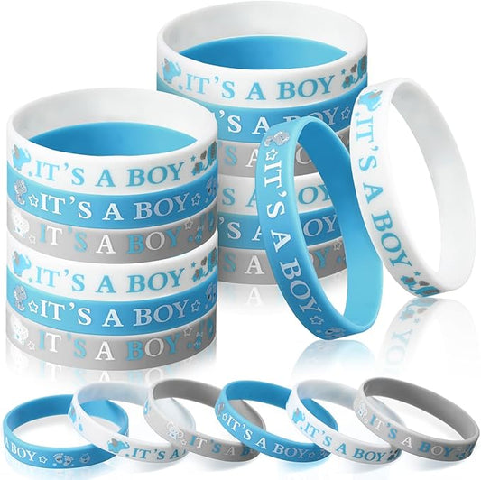 Zomiboo 36 Pieces Baby Shower Rubber Bracelets, It's a Boy It's a Girl Wristbands Elephant Baby Shower Decorations for Boy Girl Baby Shower Party Favor Gender Reveal Party Supplies (Boy Style)