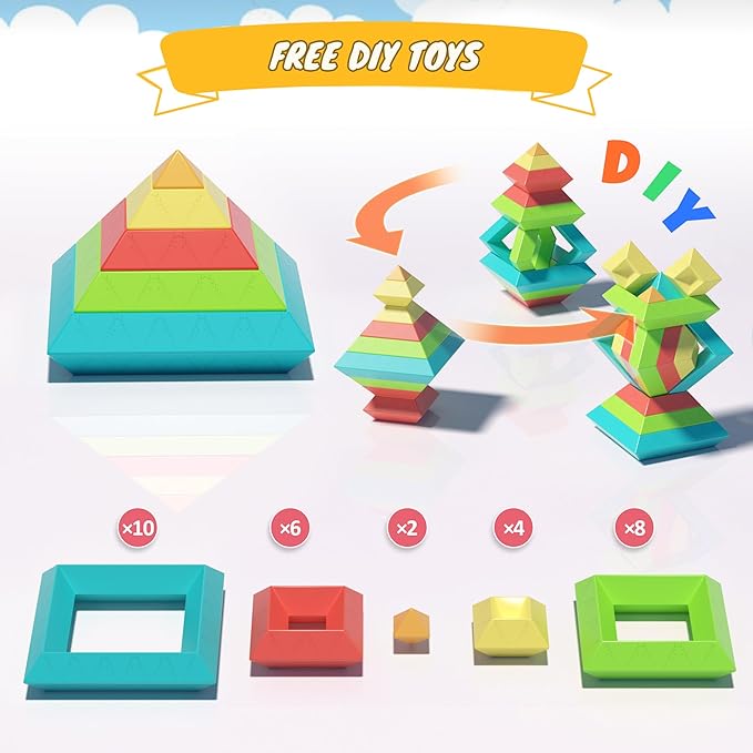 Montessori Toys for Ages 1-3 2-5 Toddlers Kids Baby,Pyramid Stacking Building Toys,3D Preschool Learning Blocks for Kids,STEM Sensory Toy Gifts for 2-4 Year Old Boy Girl,Plastic Storage Bag Set