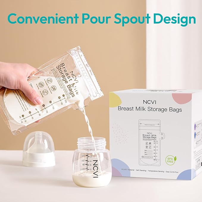 NCVI 25 Count Breastmilk Storage Bags Freezer for Baby, Breast Milk Feeding Bag with Temp-Sensing, Doubled-Sealed, Self Standing, Easy Pour Spout, BPA-Free, 7oz
