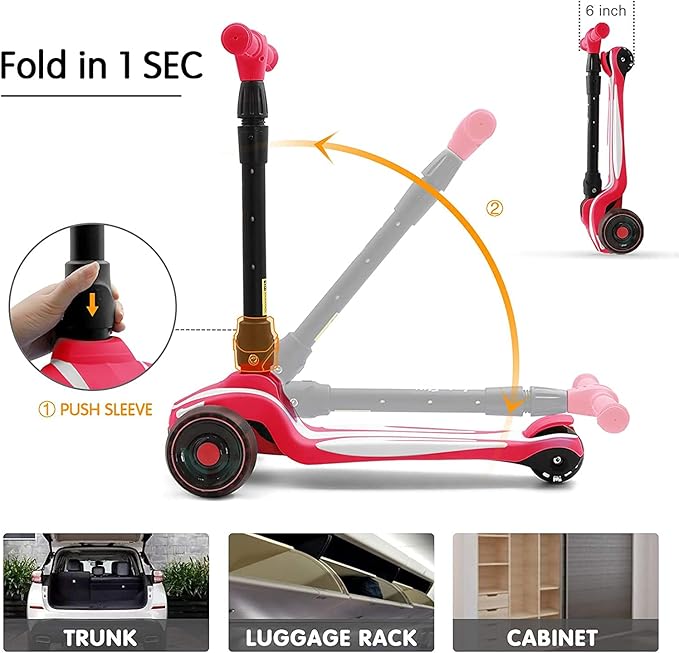 LOL-FUN Toddler Scooter for Kids Ages 3-12 Years Old Boy Girl with 3 Wheel LED Lights, Extra-Wide Childrens Foldable Kick Scooter Kids Ages 3-5 with 4 Adjustable Height and Lean-to-Steer