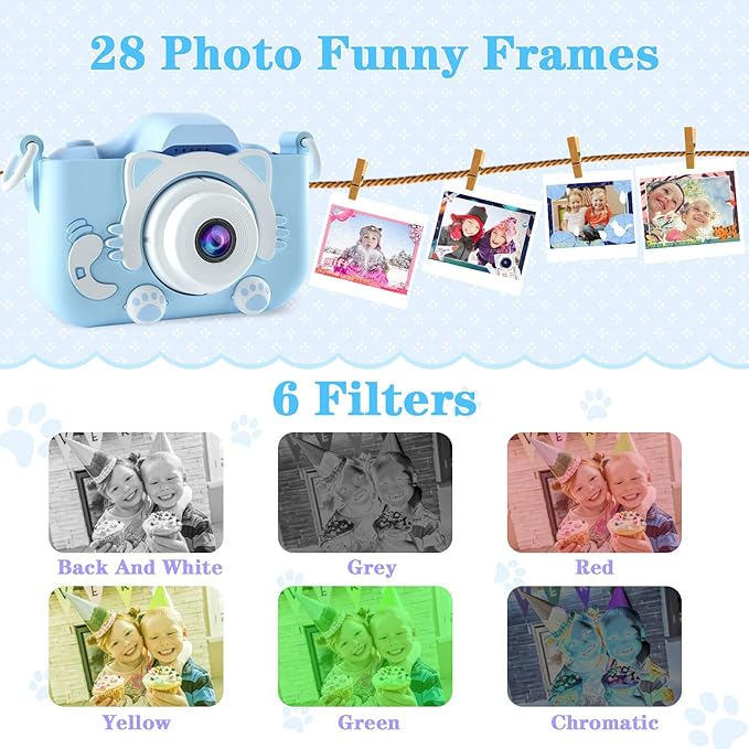 Kids Camera Toys for 3 4 5 6 7 8 9 10 11 12 Years Old Boys/Girls, Kids Digital Camera for Toddler with Video, Birthday Festival for Kids, Selfie Camera for Child, 32GB TF Card
