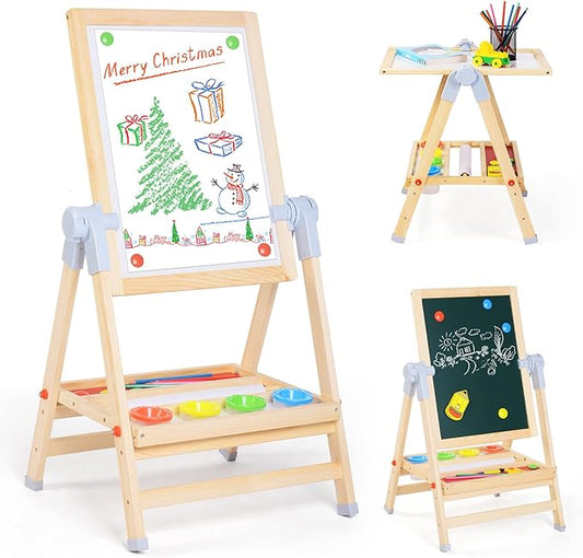 XCSOURCE Art Easel for Kids, 360°Rotating Adjustable Toddler Easel, Double Sided Wooden Kids Easel Drawing Board with Magnetic Chalkboard, Dry Erase White Board & Paper Roll Paint Art Set for Kids 2+