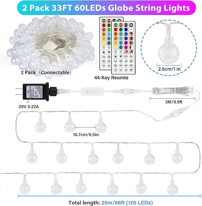 OMIKA Globe Outdoor String Lights Plug in, Connectable 66ft 120LED Crystal Ball Light Waterproof Remote, 24 Colors Decorative Lights for Patio Umbrella Tent Garden Eaves Party Indoor Christmas Décor