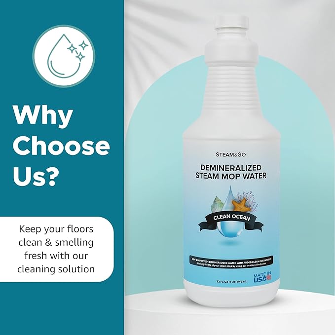 Steam & Go Demineralized Water - Multi-Surface Cleaner, PVC-Free Ready-to-Use for Mops & Floor Steamers - Ideal for Kitchen, Bathroom, & Home Surfaces - Clean Ocean Scent - 32oz (Pack of 12)