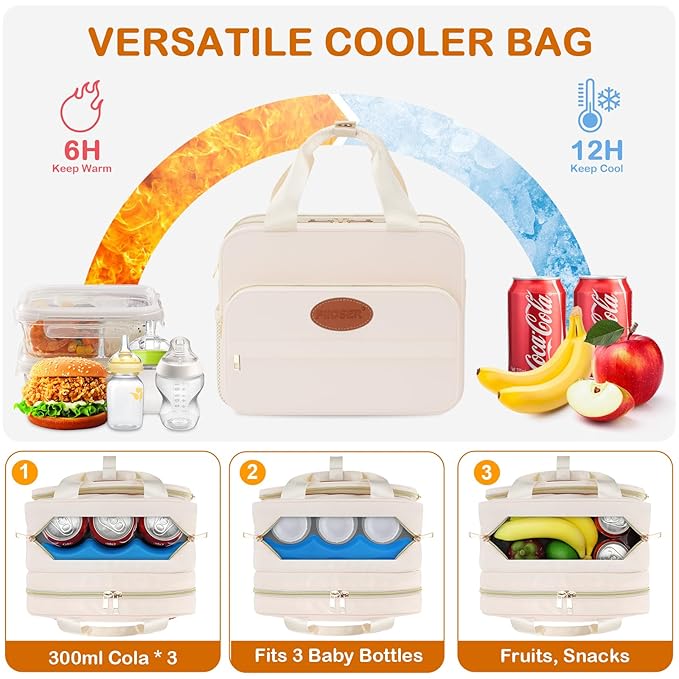 PIIOSER Insulated Baby Bottle Bag with Ice Pack, Breastmilk Cooler Compatible with Wearable Breast Pumps & Accessories - Breastfeeding On The Go for Nursing & Working Moms, Cream