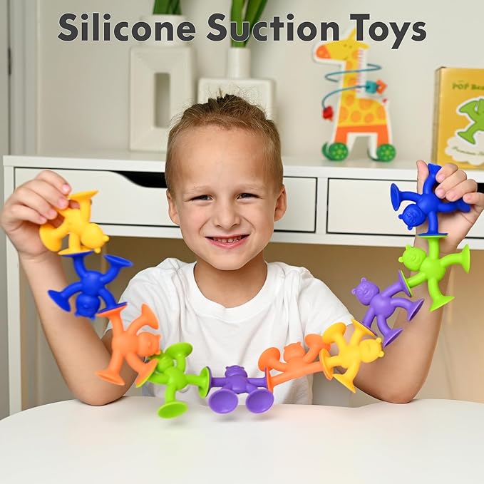 Cute Bear Suction Cup Toy Bath Toys for Kids Ages 4-8 No Hole Bathtub Sensory Toy Airplane Toys for Toddlers 1-3, Connect Build Create Baby Toys, 12 PCS