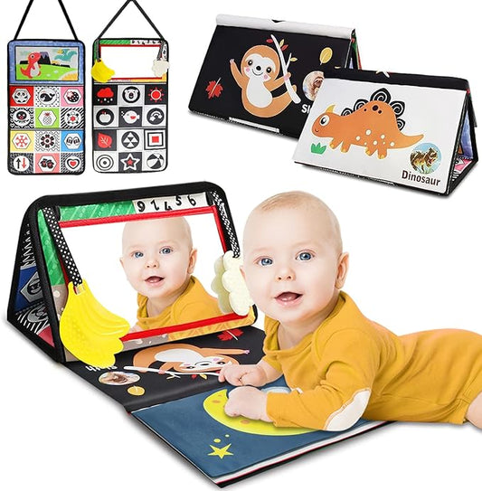Baby Mirror Toys for Tummy Time, Newborn Infant 0 3 4 6 12 Months Old Boy, Girl Gift. Brain Developmental Montessori Sensory High Contrast Crinkle Book w Safe Mirror for Floor, Crib, Car, Bouncer