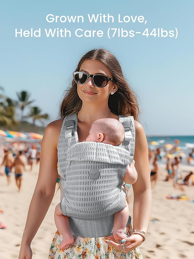 GROWNSY Baby Carrier Newborn to Toddler, Breathable Mesh Carrier(7-44lbs) with One-Click Sliding Clasp, Head Support, Ergonomic Design and Hands-Free Comfort, Silver Gray