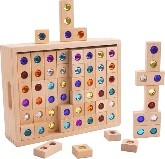 128pcs Wooden Building Blocks Set Rainbow Stacking Game Rainbow Stacker Acrylic Block Construction Toy Sensory Montessori Toys Colorful Preschool Learning Educational Learning Toys for Boys Girls