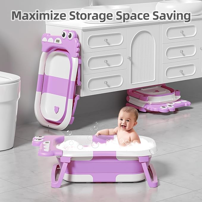 TPN Collapsible Baby Bathtub, Baby Bath Tub with Soft Cushion & Real-Time Thermometer, Baby Bathtub Infant to Toddler Tub (0-36 Months), Portable Newborn Travel Bath tub