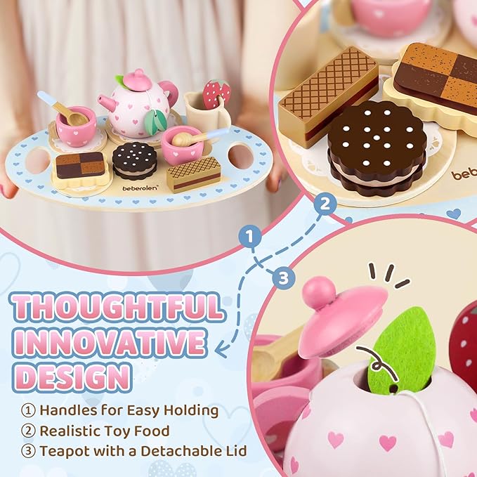 Wooden Tea Set for Little Girls Birthday Gift 2-4 Year Old Princess Toys Play Food Sets for Kids Kitchen Accessories Toddlers 3-5 Outdoor Party 1-3 Pretend Food Dessert Cookies Wood Toy