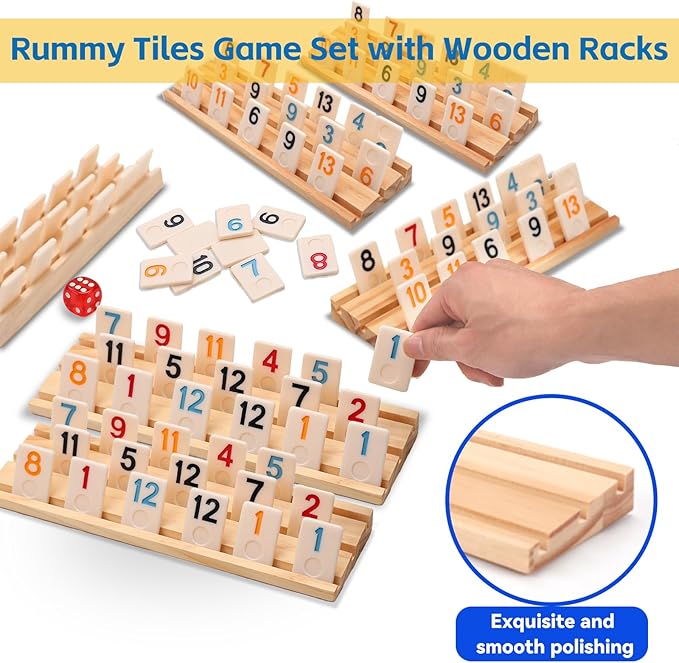 Upgraded Rummy Cube Game Set 6 Plays with 6 Wooden Holders and 162 Rummy Tiles, Travel and Family Board Game for Adults and Kids