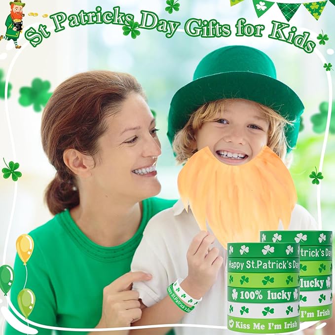 St Patricks Day Bracelets for Kids 30PCS Shamrock Rubber Bracelets Bulk St. Patrick's Day Party Favors Goodie Bag Stuffers Supplies Green Irish Wristbands St Patricks Day Accessories Treats Gifts
