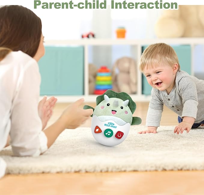 Baby Dinosaur Toys 0-3-6-12 Months, Musical Infant Toys with Light & Sounds, Soft Plush Stuffed Animal, Newborn Boys Girl 1st Birthday Shower Gift, Roly-poly Sensory Tummy Toy Easter Egg Gifts