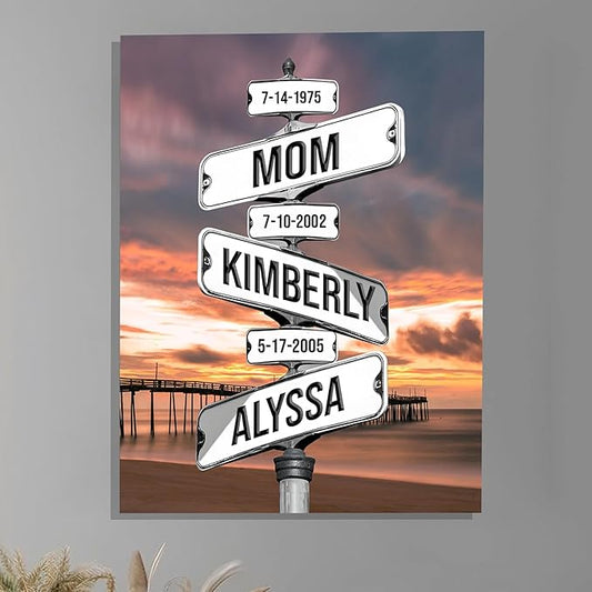 Personalized Gifts for Mom Family Names Street Custom Multi-Name Date of Birth Vintage Street Sign Happy Mothers Day Canvas Wall Art Best Christmas Gifts for Mommy from Daughter Son Children Kids #22