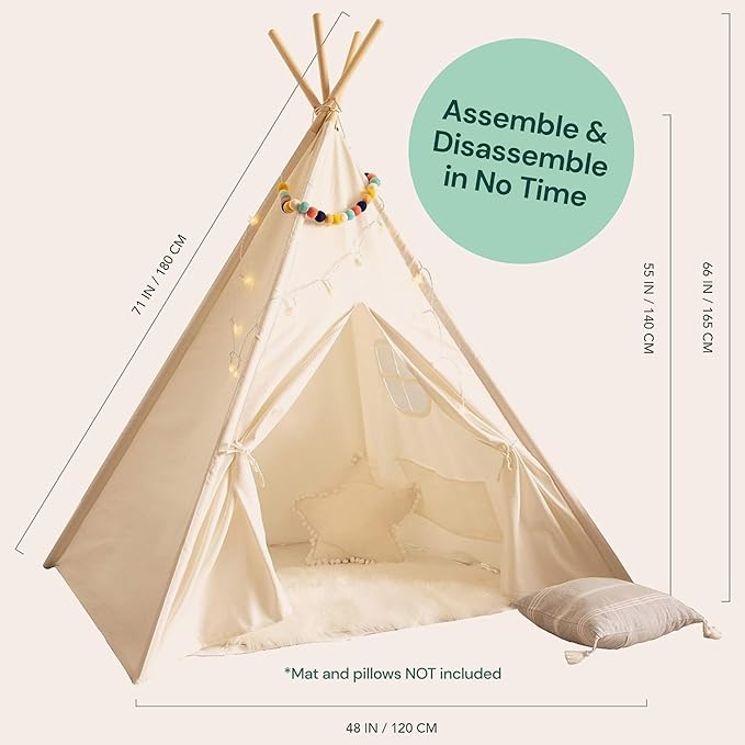 PlayVibe Kids Teepee Canopy - Baby & Toddler Play Shelter with LED Star Lights, Cozy Reading Nook, Party Canvas for Indoor Outdoor Fun - Tent for Kids - Play Tent