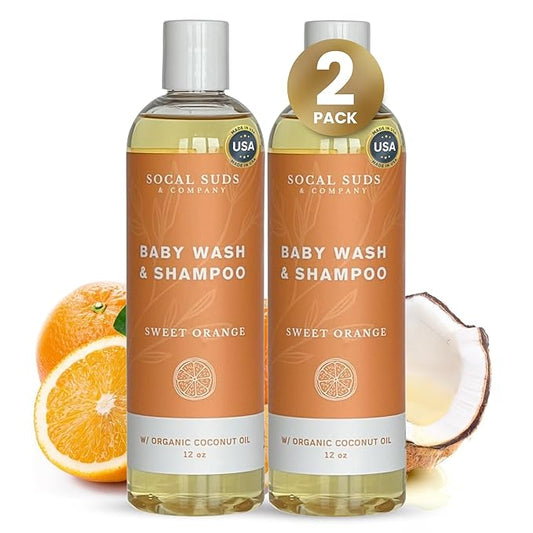 SoCal Suds & Company Baby Shampoo & Body Wash, 2-in-1 Organic Gel-Gentle Castile Soap with Vitamin-Infused Oils & Botanicals - Natural Care for Sensitive Skin Hypoallergenic - 12oz Sweet Orange 2-Pack