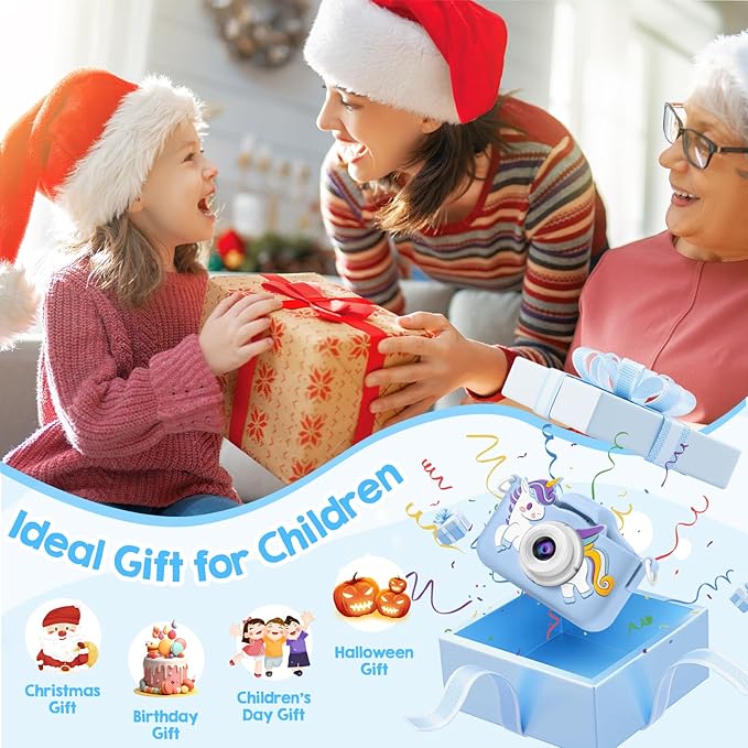 Kids Camera, Toys for Toddlers Age 3-8 Year Old Girl Christmas Birthday Gifts, Children Digital Camera with Cartoon Soft Silicone Cover and 32GB Card (Azure)