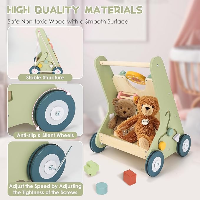 Baby Push Walker, Wooden Baby Walker with Wheels, Montessori Push Walker for Babies 6-12 Months, Push Walking Toys for Boys&Girls 1 Year Old, Gifts for Toddler