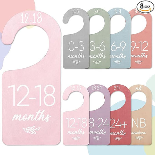 Whaline 8Pcs Baby Closet Dividers Boho Design Hanging Wooden Colorful Babys Closet Size Hanger Organizer Double-Sided Newborn to 24 Months Thicken Baby Wardrobe Organizer