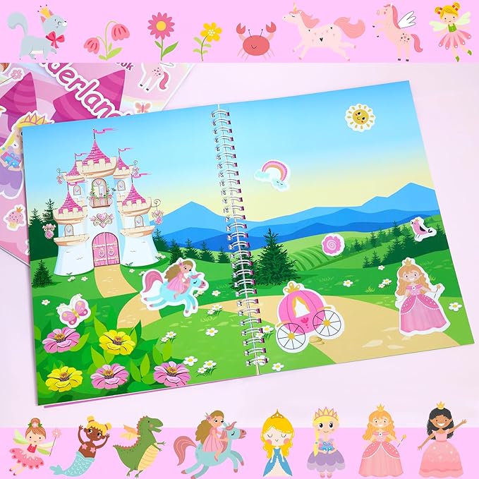 Jelly Sticker Books for Toddlers 2-4 Travel Essentials, Reusable Sticker Book + 8 Scenes + 2 Matching Games + 51 Large Princess Stickers for 1-3 Toddler Activities (Wonderland)