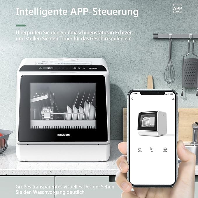 Portable Dishwasher Countertop, WIFI Smart Dishwasher, Compact Mini Dishwashers with 5L Built-in Water Tank, 6 Programs, 360° Dual Spray, High-Temp& Air-Dry Function, Fruit Cleaning