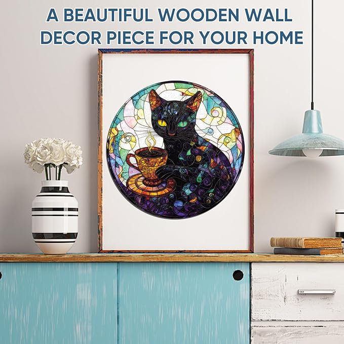 Reouinty Wooden Puzzle for Adults, Black Cat Wooden Jigsaw Puzzles(11.2 * 11.2in-200pcs), Unique Animal Shape Wood Cut Puzzles Best Gift for Adults and Kids Family Game