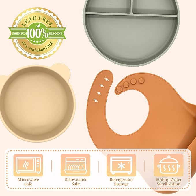 Silicone Baby Feeding Set 21 Pcs, Led Weaning Supplies, Baby Feeding EatincSupplies Set BPA Free, Essentialsfor Newborn Gift Walnut Color, Beige, Smoky Gray