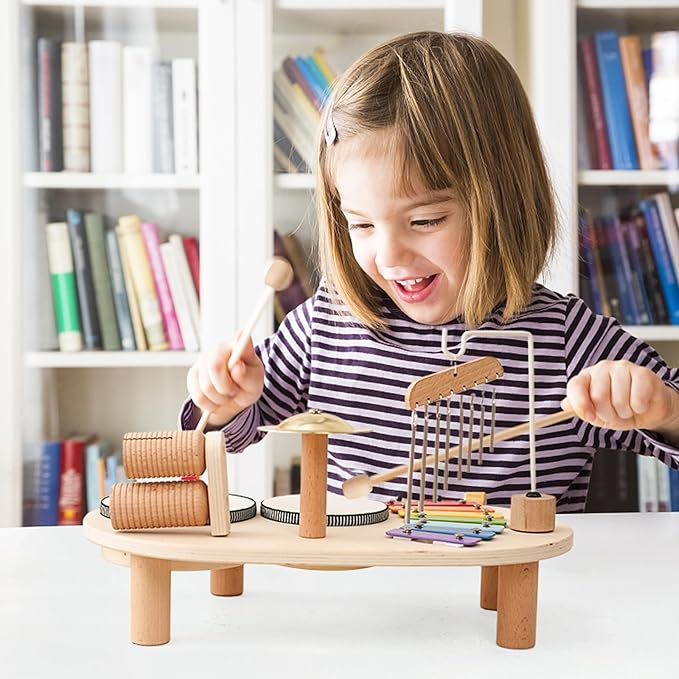 Promise Babe Wooden Musical Instruments for Toddlers 1-3, Percussion Instruments for Kids Baby Drum Set Xylophone, Montessori Educational Musical Toys, Gifts for Girls Boys Ages 3+