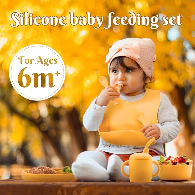 Silicone Baby Feeding Set, 6 Pcs, Baby Led Weaning Supplies, BPA Free, Yellow
