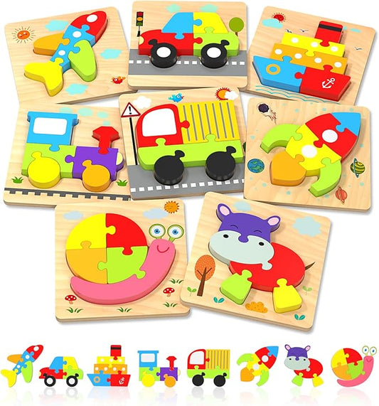 Yetonamr Wooden Toddler Puzzles Gifts Toys for 1 2 3 Years Old Boys Girls, 8 Vehicle Shape Montessori Toys Educational Blocks Kids Toys Gift Baby Learning Toy Age 1-3, 2-4
