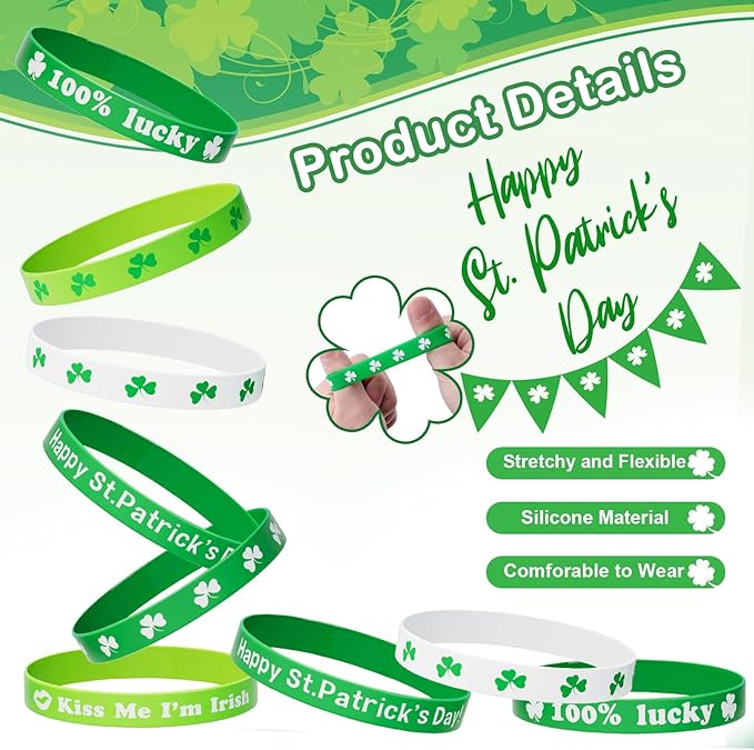 St Patricks Day Bracelets for Kids 30PCS Shamrock Rubber Bracelets Bulk St. Patrick's Day Party Favors Goodie Bag Stuffers Supplies Green Irish Wristbands St Patricks Day Accessories Treats Gifts