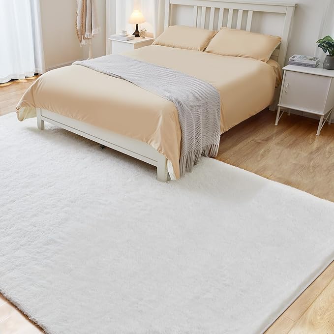 9x12 White Fluffy Plush Area Rug, Ultra Soft Bedroom Rug Indoor Carpet, Anti-Skid High Pile Luxury Rugs for Nursery, Kids Room, Playroom, Home Decoration