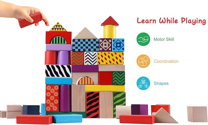 Wooden Building Blocks for Toddlers 1-3, Montessori Shape Sorting & Stacking Toys, 50 Pcs Colored Wooden Blocks Set with Storage Bucket, Kids Building Toys, Stacking Blocks for Boys Girls