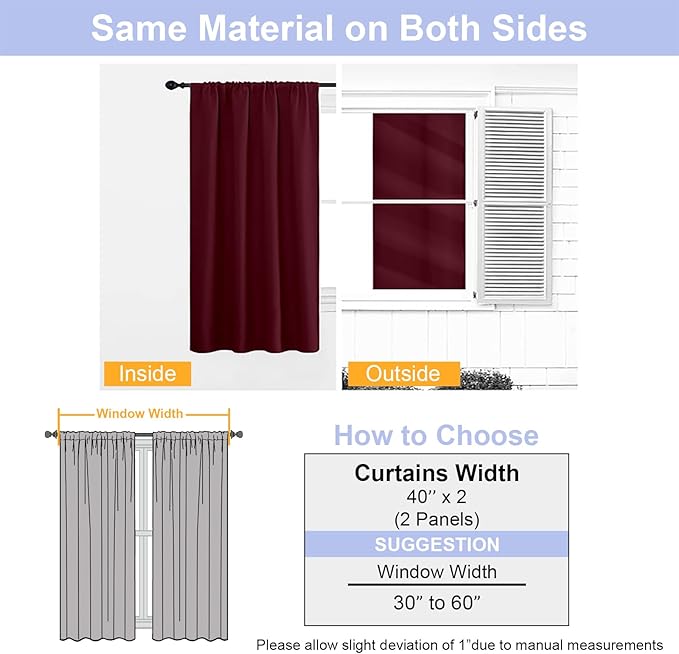 Simplebrand Ava Burgundy Short 36 Inches Blackout Curtain 2 Panels Set, Half Window Rod Pocket Privacy Curtain Tiers for Kitchen, Curtains Blackout for Bathroom Shades, W40 x L36 Inch, Burgundy
