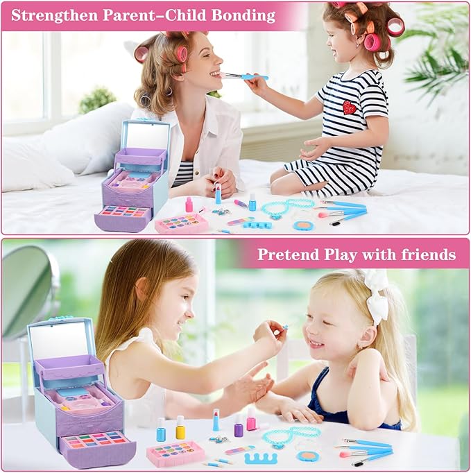 TOKIA 49pcs Big Amount Kids Makeup Kit for Gilrs, Non-Toxic & Safe Pretend Play Makeup for Little Girls, Real Washable Cosmetics with Case, Best Princess Birthday Gifts for Age 3-12 Years Old Toddlers