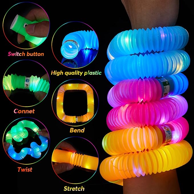 12 PCS Light Up Glow Sticks - LED Pop Tubes, Glow in The Dark Party Supplies, Sensory Toys Birthday Party Favors for Kids, Light Up Toys Goodie Bag Stuffers Gifts