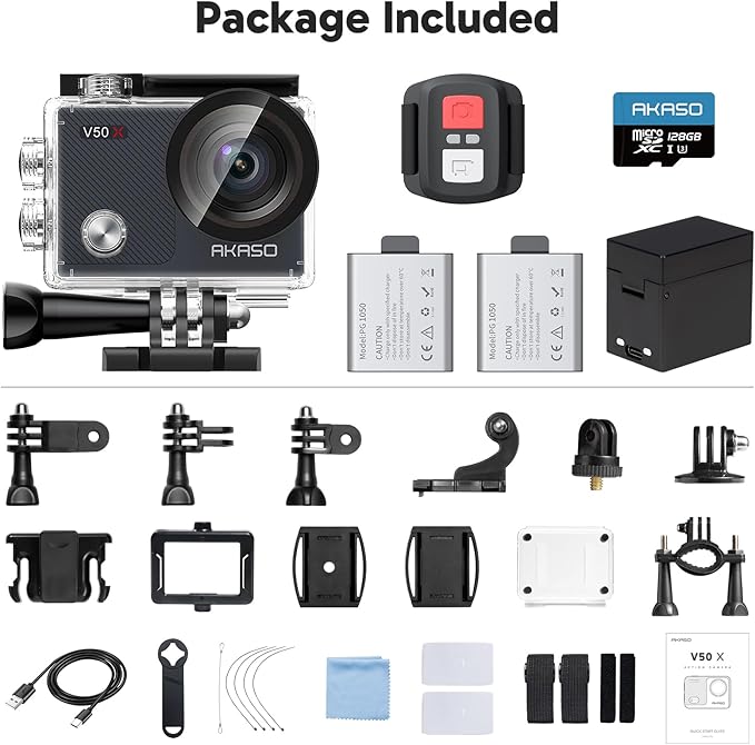 AKASO V50X Native 4K30fps WiFi Action Camera with EIS Touch Screen 4X Zoom 131 feet Waterproof Camera Support External Mic Remote Control with Helmet Accessories (with 128GB MicroSD Card)